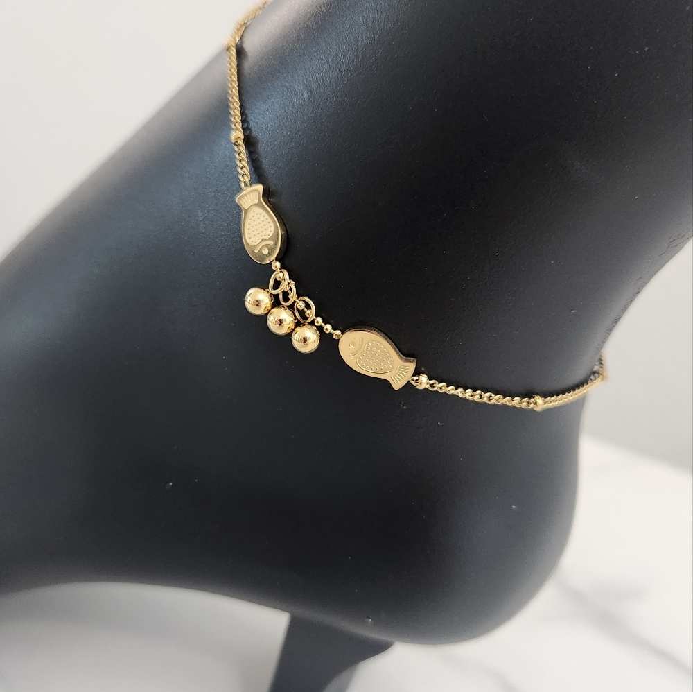 Gold Fish Anklet Bracelet with Dangle Beads Dainty Nautical Adjustable